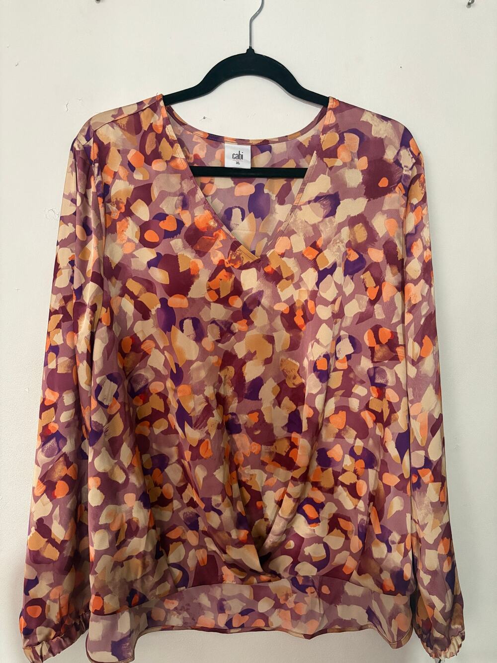 Cabi Satin Tuck V-Neck Top Orange Purple Long Sleeve Sz XL